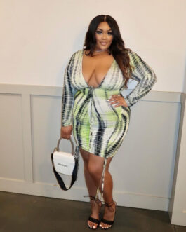 Plus Size Popular  Printed V Neck Sexy Crumpled Hip Dress
