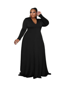Plus Size Popular   Woman Solid Color V-neck Long Sleeve Mop Formal Dress