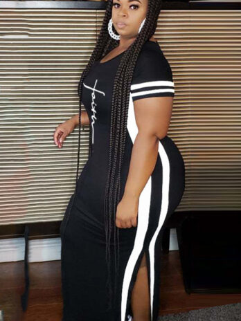 Plus Size Women Clothing Popular Short Sleeve Round Neck Positioning Printing Fashionable Dress Women