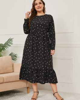Plus Size Autumn Winter Printing Long-Sleeve round-Collar Dress