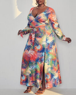 Plus Size Nnew   Women Clothes Dress Swing Printed Long Sleeve Split Belted Dress