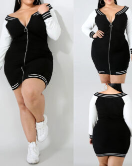 Plus Size Autumn  Women Long Sleeve Color Zipper Dress Mid-Length