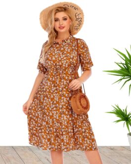 Plus Size Summer Women Clothes Short Sleeve Blouse Collar Printing Rayon Dress