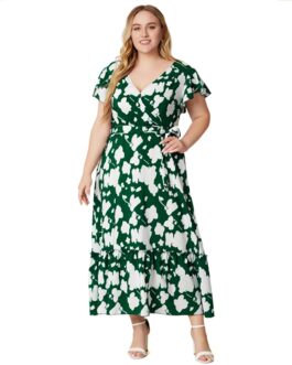 Plus Size Women Clothes V neck Printed Dress