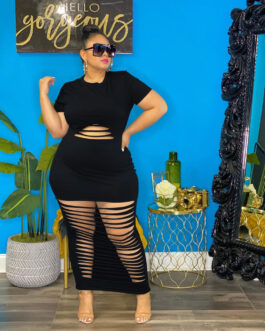 Plus Size Sexy Holes Solid Color Nightclub Dress