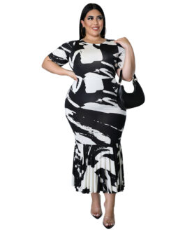 Plus Size Spring Summer round Neck Short Sleeve Flounced Dress Printed  Dress