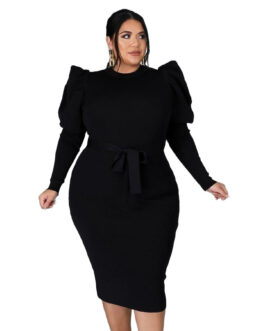 Plus Size Women Clothing Long Sleeve Belt Slim Fit  Dress