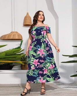 Plus Size Beach Holiday Long Beach Dress off the Neck Tube Top Color Printed Dress