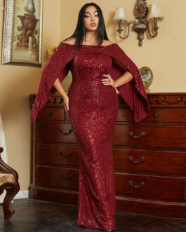 Plus Size Women Clothing Long Sleeve off Shoulder Long Cocktail Sequined Bridesmaid Dress Evening Dress Women