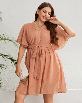 Plus Size Summer Orange V neck Lace up Waist Dress for Women