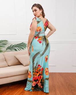 Plus Size Bohemian Ice Silk Printed Midi Dress Seaside Holiday Beach Dress V-neck Dress