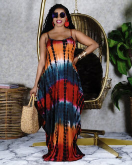 Plus Size Tie-Dyed Printed Loose Strap Long  Women Dress