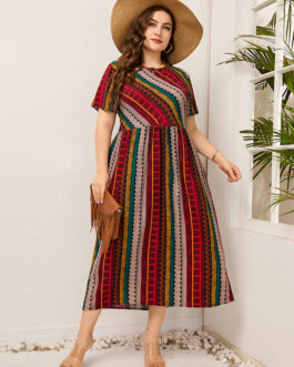 Plus Size Ladies  Women round Neck Twill Stitching Casual Printed Short Sleeves Dress
