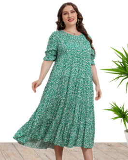 Plus Size Summer Women Clothes Short Sleeve Rayon Printed Loose Dress