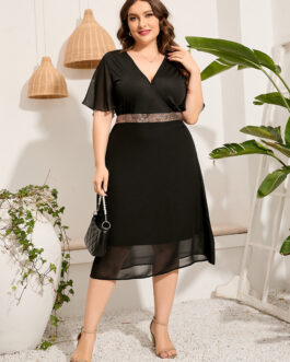Plus Size Ladies  V-neck Casual Stitching Short Sleeve Large Swing Dress