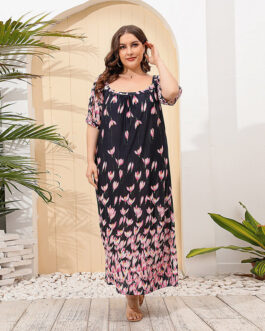 Plus Size Women Loose Home Wear Short Sleeve Dress Floral Print Maxi Dress