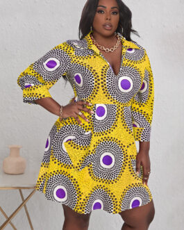 Plus Size Women Clothing Autumn Elegant Office Office African Tribe Printed Pocket Dress for Women