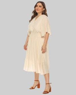 Plus Size Summer  Women Clothing Solid Color V-neck Waist-Controlled Flying Sleeves Dress