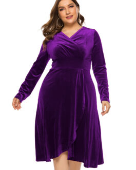 Plus Size Women Clothes Autumn New V-neck Long Sleeve  Dress