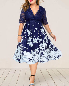 Plus Size Digital Printing Lace Stitching Dress
