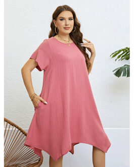 Plus Size Summer Simple Solid Color Pullover round Neck Dress Loose Irregular Asymmetric Midi