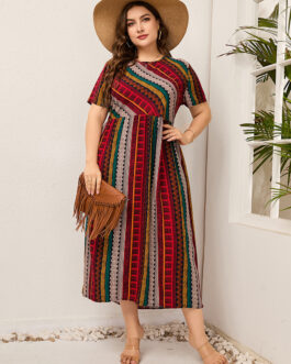 Plus Size Ladies  Women round Neck Twill Stitching Casual Printed Short Sleeves Dress