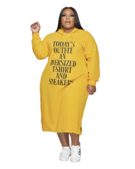 Plus Size Loose Midi Letter Graphic Dress Printing Ladies Hooded Sweater Dress