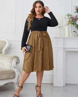 Plus Size  Popular Leopard Print Loose Long Sleeve Women Dress