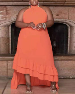 Plus Size Women Dress Office Solid Color Halter Irregular Asymmetric Dress