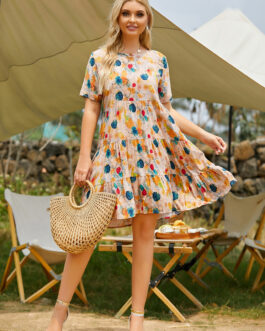 Plus Size Summer Urban Casual round Neck Short Sleeves Printed Multi-Layer Stitching Big Swing Dress Dress