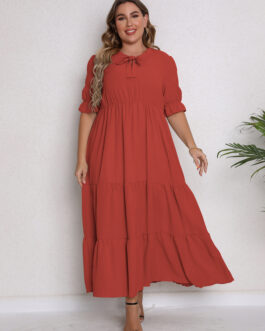 Plus Size Women Summer round Neck Short Sleeve Bow Dress