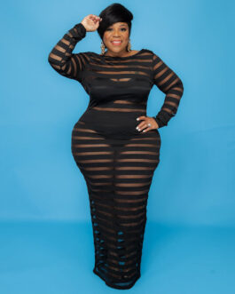 Plus Size Autumn New Sexy Women Clothing Breathable Mesh Stitching Solid Color Dress Nightclub Dress
