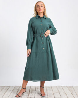 Plus Size Spring Autumn Single Breasted Waist Solid Color Office Lady A  line Dress Dress