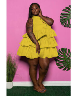 Plus Size Plus Size Women Solid Color Buttons Sleeveless tiered dress