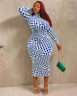 Plus Size Plaid Printed Sexy Tight Long  Dress