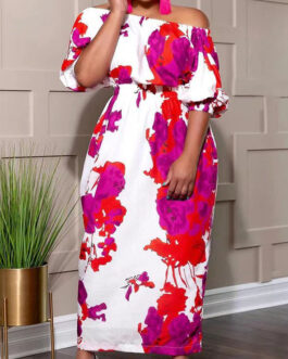 Plus Size Women Clothing Popular Stitching Printing Off Shoulder Cinched Dress