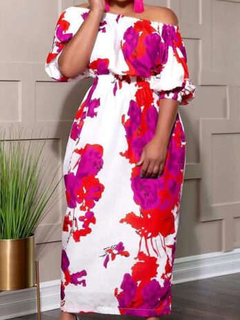 Plus Size Women Clothing Popular Stitching Printing Off Shoulder Cinched Dress