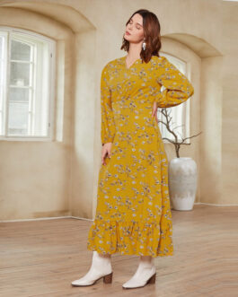 Year V neck Regular Sleeve Long Sleeve Printed Maxi Dress