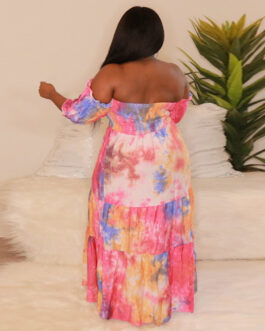 Plus Size Tie Dye Women Clothing Chubby Girl Dress Off The Shoulder Wipe