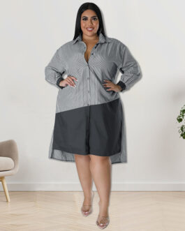 Plus Size Women Clothing Striped Long Sleeved Shirt Dresses