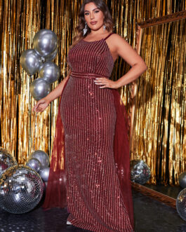 Plus Size Sequin Sling Double Shoulder Strap Sleeveless Mesh Stitching Prom Evening Dress