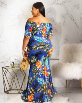 Plus Size Floral Leaf Printed Maxi Dress Hawaii Bandeau One-Shoulder Mopping Dress