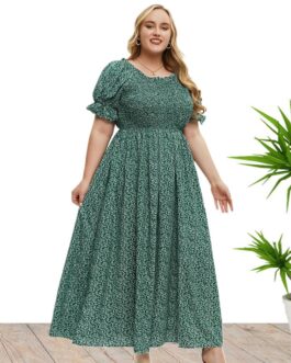 Plus Size Summer Autumn Women Clothes round Neck Smocking Dress