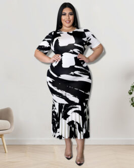 Plus Size Women Clothes Spring round Neck Short Sleeve Dress