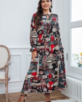 Plus Size Women Clothing Fashion Printed Long Sleeve Loose Dress