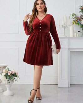 Popular Dark Red V neck Slimming High Waist Long Sleeves Dress