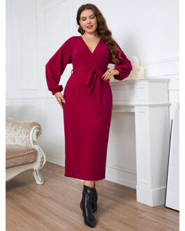 Popular Spring Autumn V neck Long Sleeved Red Slim Fit Jumpsuit Dress