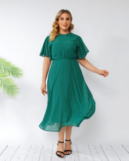 Plus Size Summer  Women Green Dresses Flare Sleeve Ruffles Backless Chiffon Dress