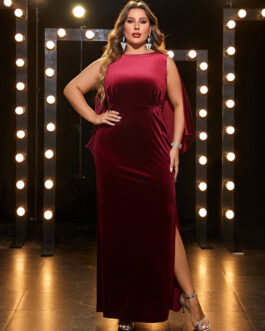 Plus Size Velvet Bare Back Bat Shawl Prom Slit Evening Dress Fishtail Dress