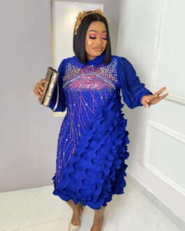 Plus Size round Neck Long Sleeve Rhinestone Dress Lace